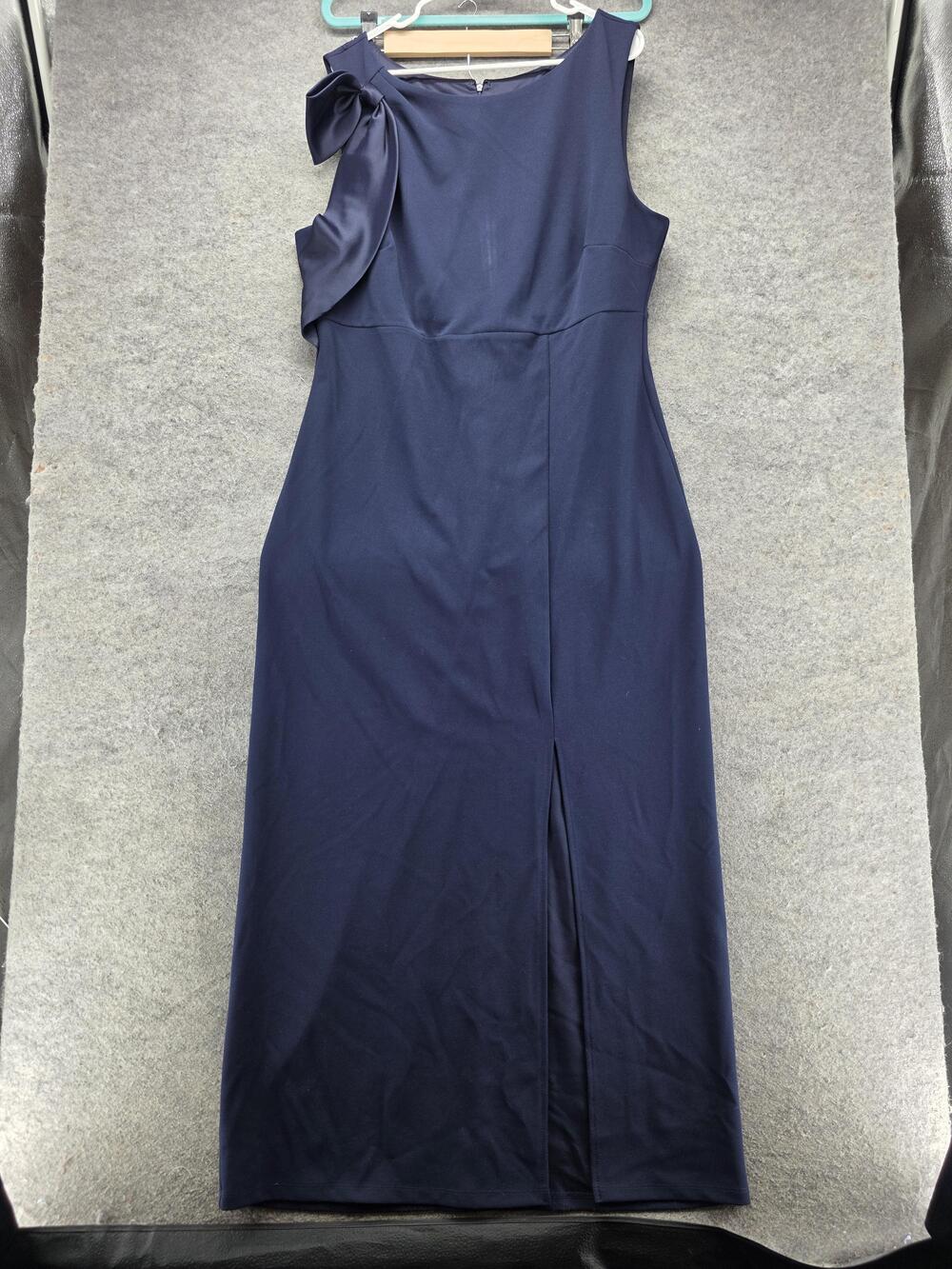 SLNY Dress Womens 18 Blue Sheath Long Sleeveless Bow Slit Lined Evening